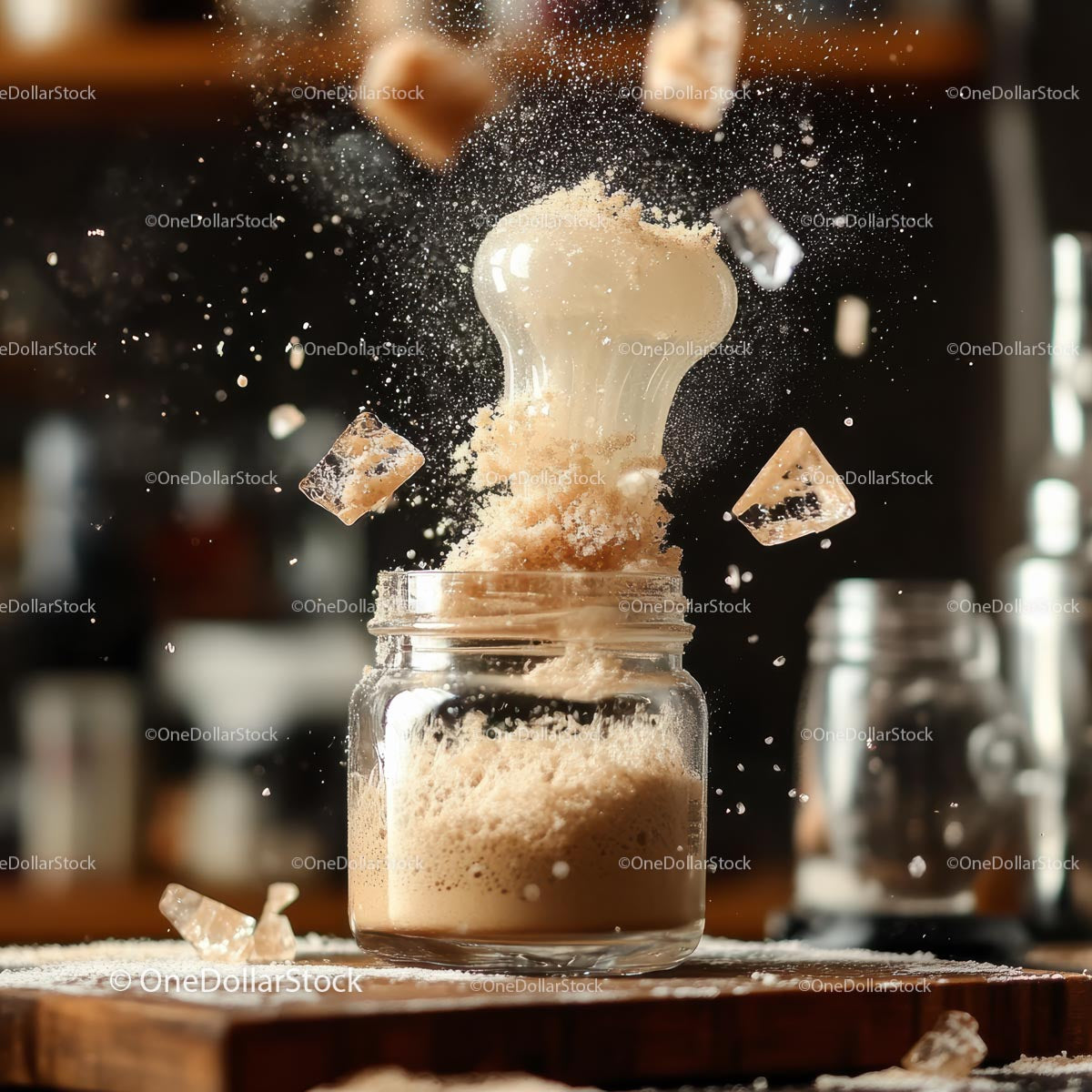 Exploding Glass Jar with Brown Sugar and Particles