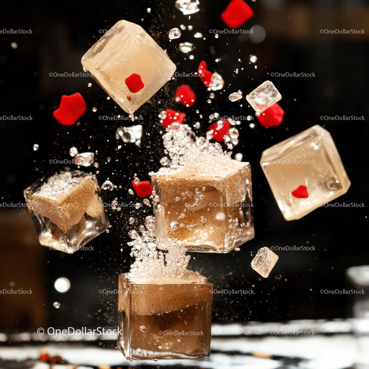 Dynamic Splash with Ice Cubes and Red Petals