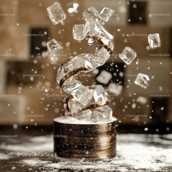 Dynamic Frozen Spiral with Ice Cubes Suspended in Air