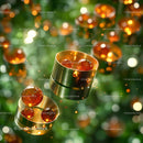 Gold Coins Adorned with Amber Stones Against Glittering Backdrop