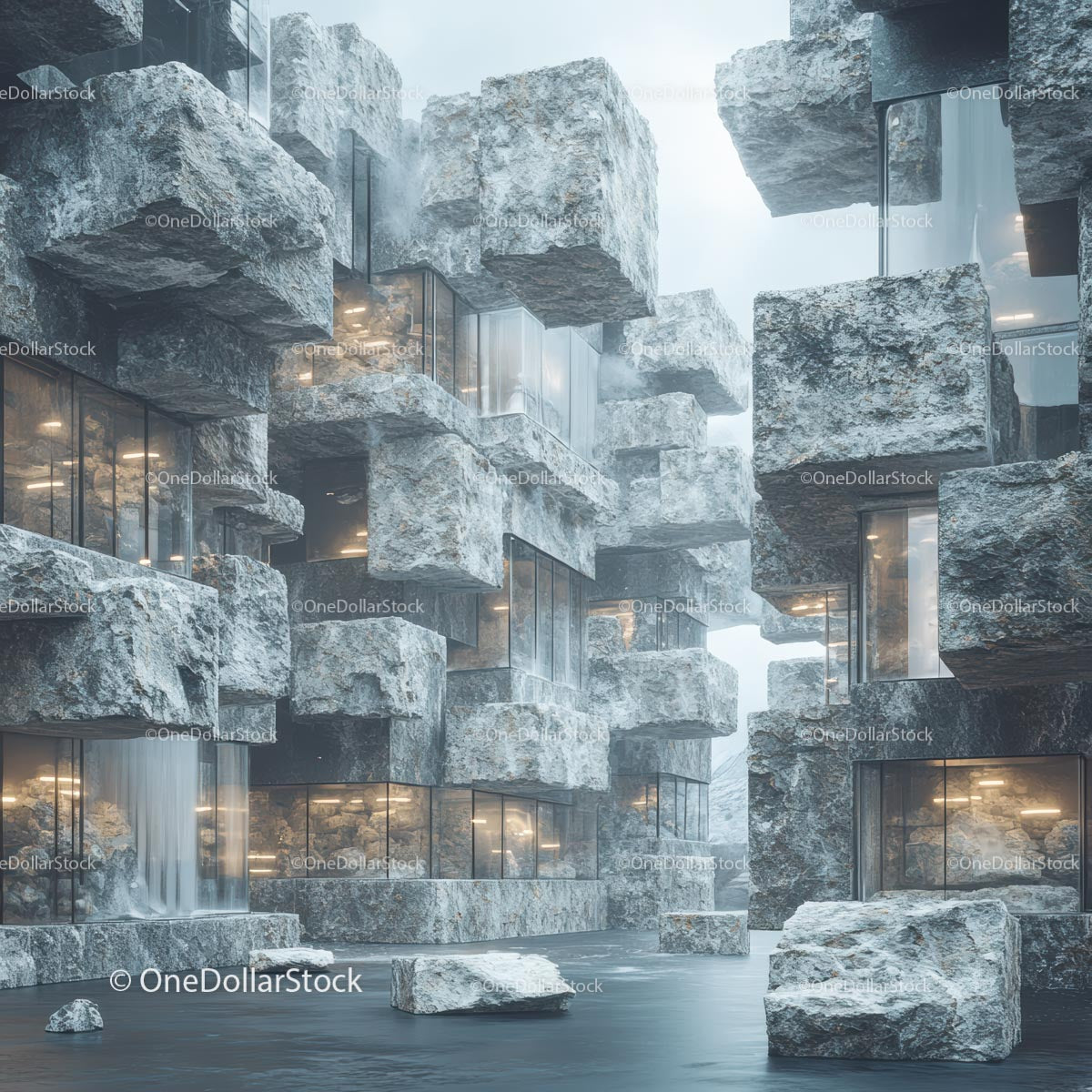 Futurystyczny projekt architektoniczny z kamienia i szkła