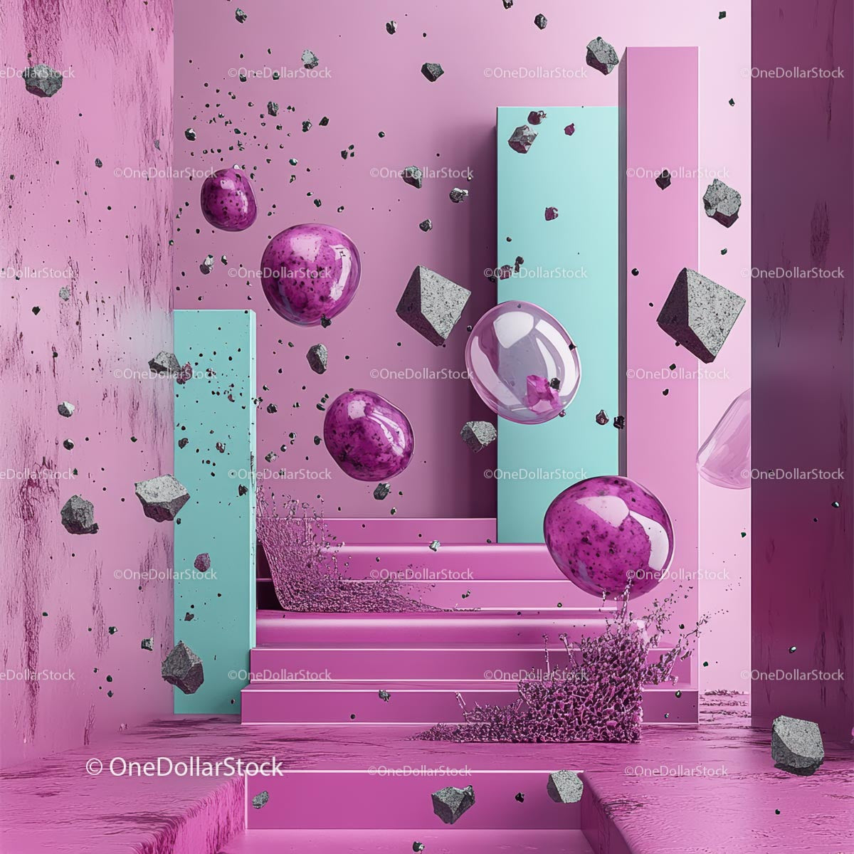 Surrealistyczna kompozycja geometryczna z unoszącymi się kulami