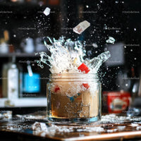 Iced Drink Splashing in Glass Jar with Colorful Ice Cubes