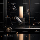 Luxurious Black and Gold Product Display with Floating Elements