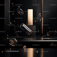 Luxurious Black and Gold Product Display with Floating Elements