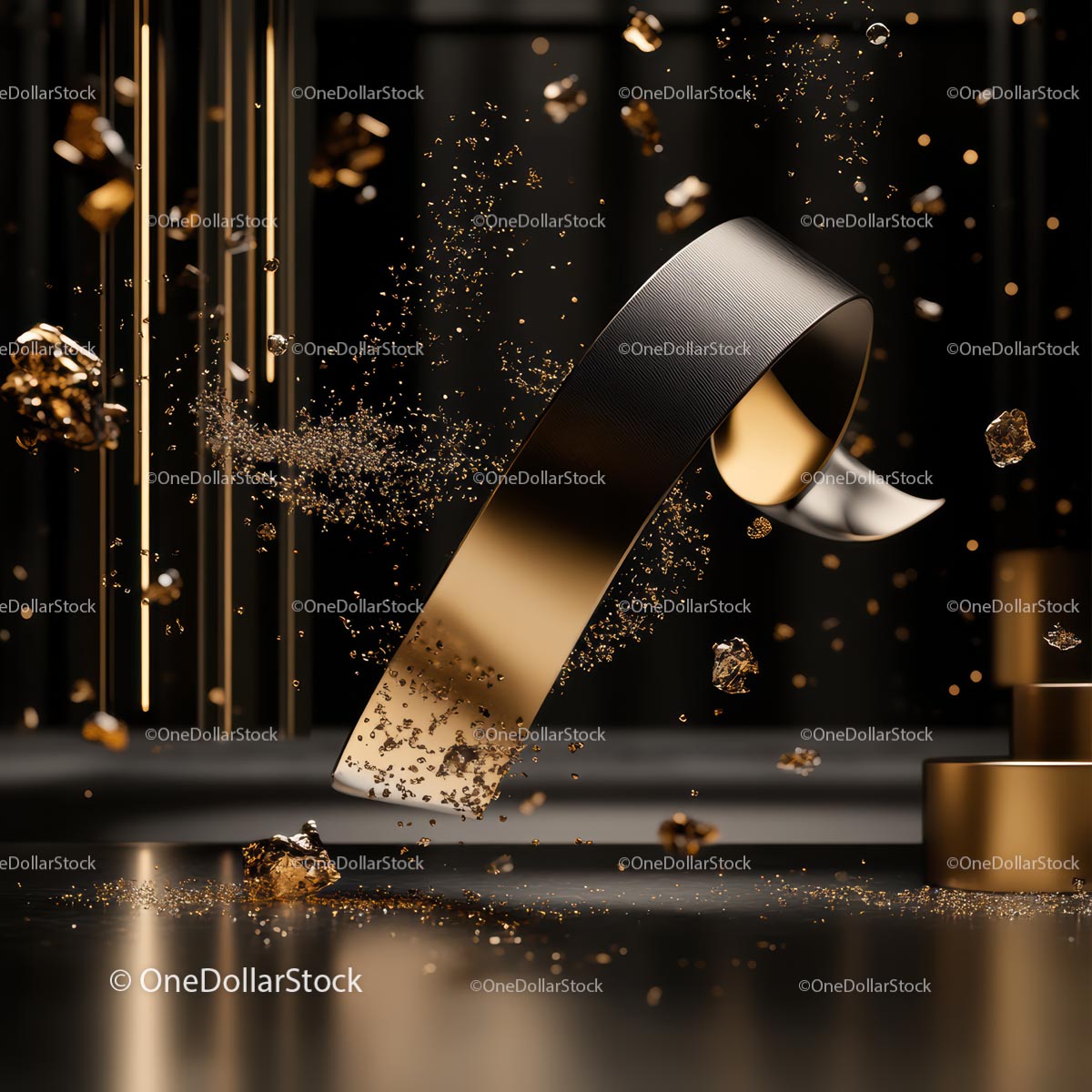 Elegant Gold and Black Abstract Design with Floating Elements