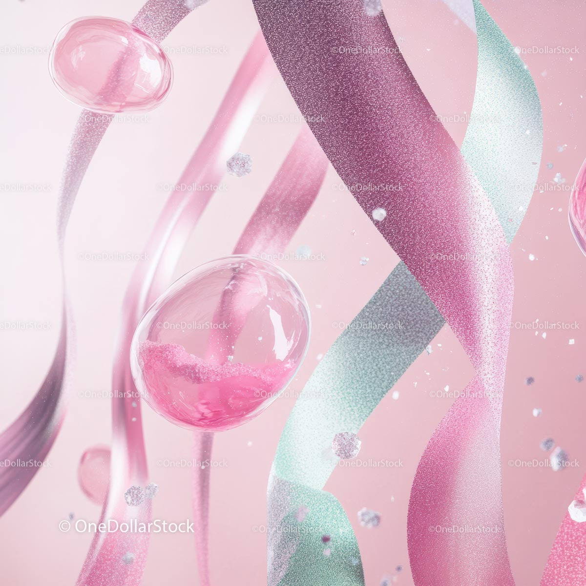 Abstract Pink and Green Ribbons with Shiny Bubbles