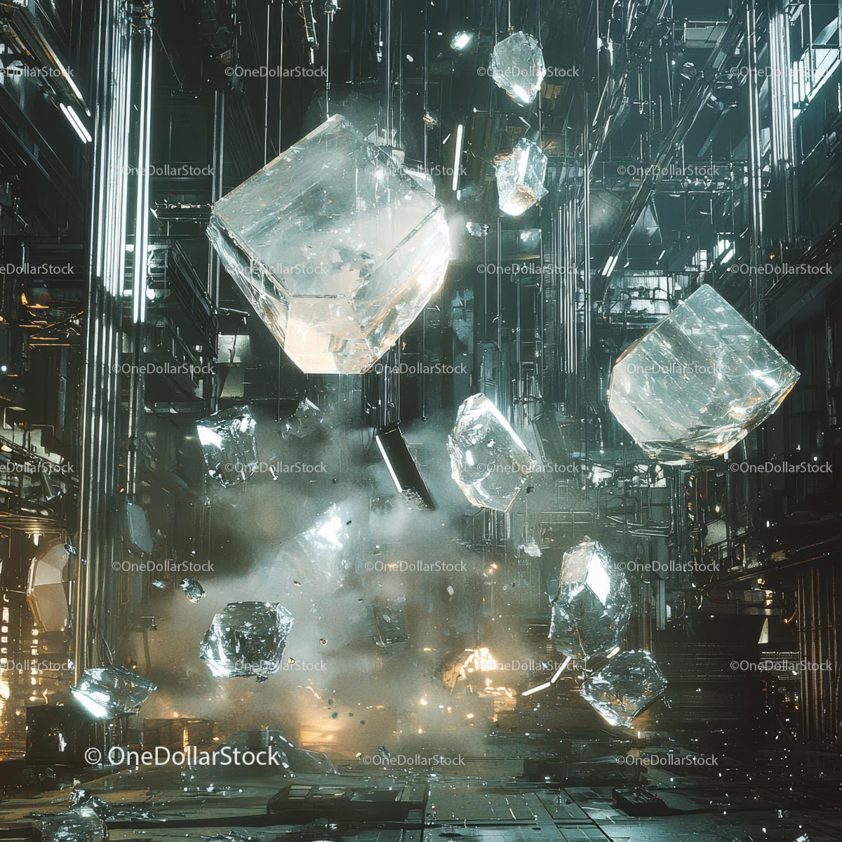Surreal Floating Crystals in a Futuristic Industrial Space