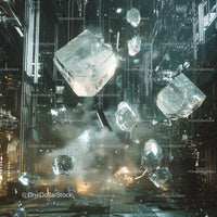 Surreal Floating Crystals in a Futuristic Industrial Space