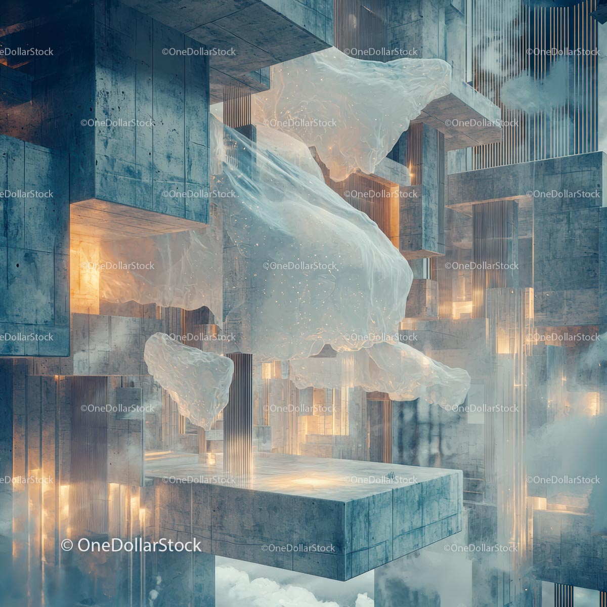 Futuristic Abstract Architecture with Ethereal Mist