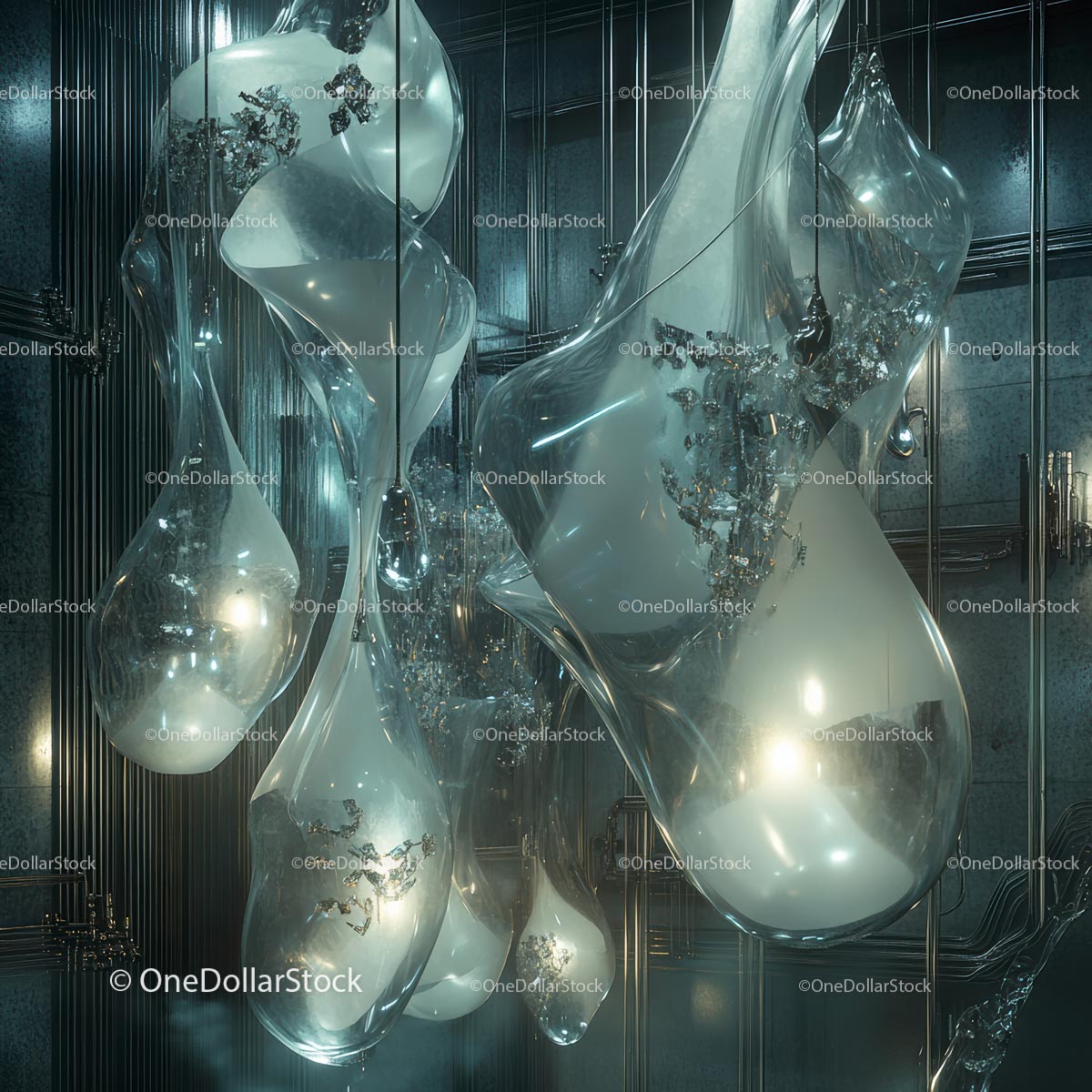 Futuristic Abstract Glass Installation with Illuminated Bulbs