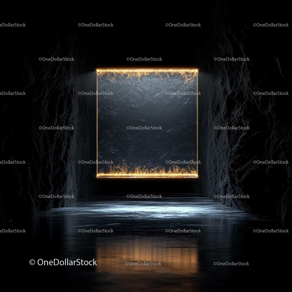 Glowing Geometric Frame in Dark Abstract Space