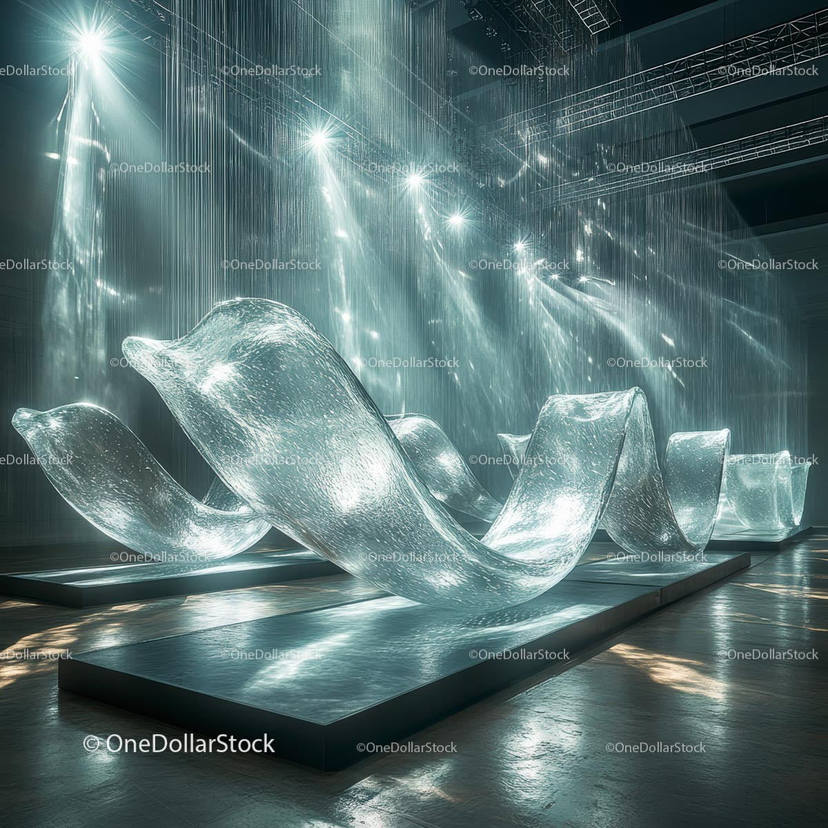 Futuristic Art Installation with Reflective Surfaces and Lighting