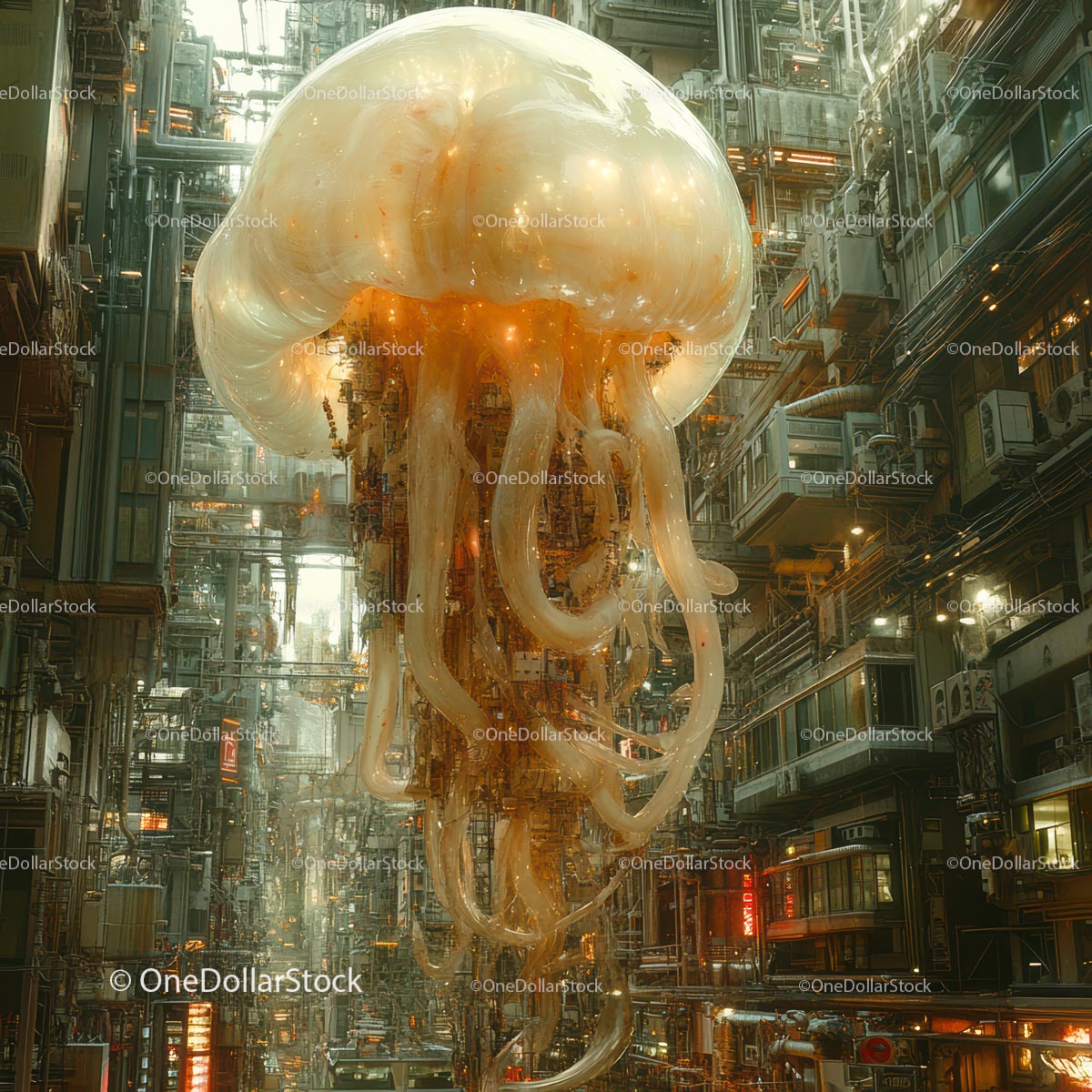 Futuristic Urban Landscape with Giant Glowing Jellyfish
