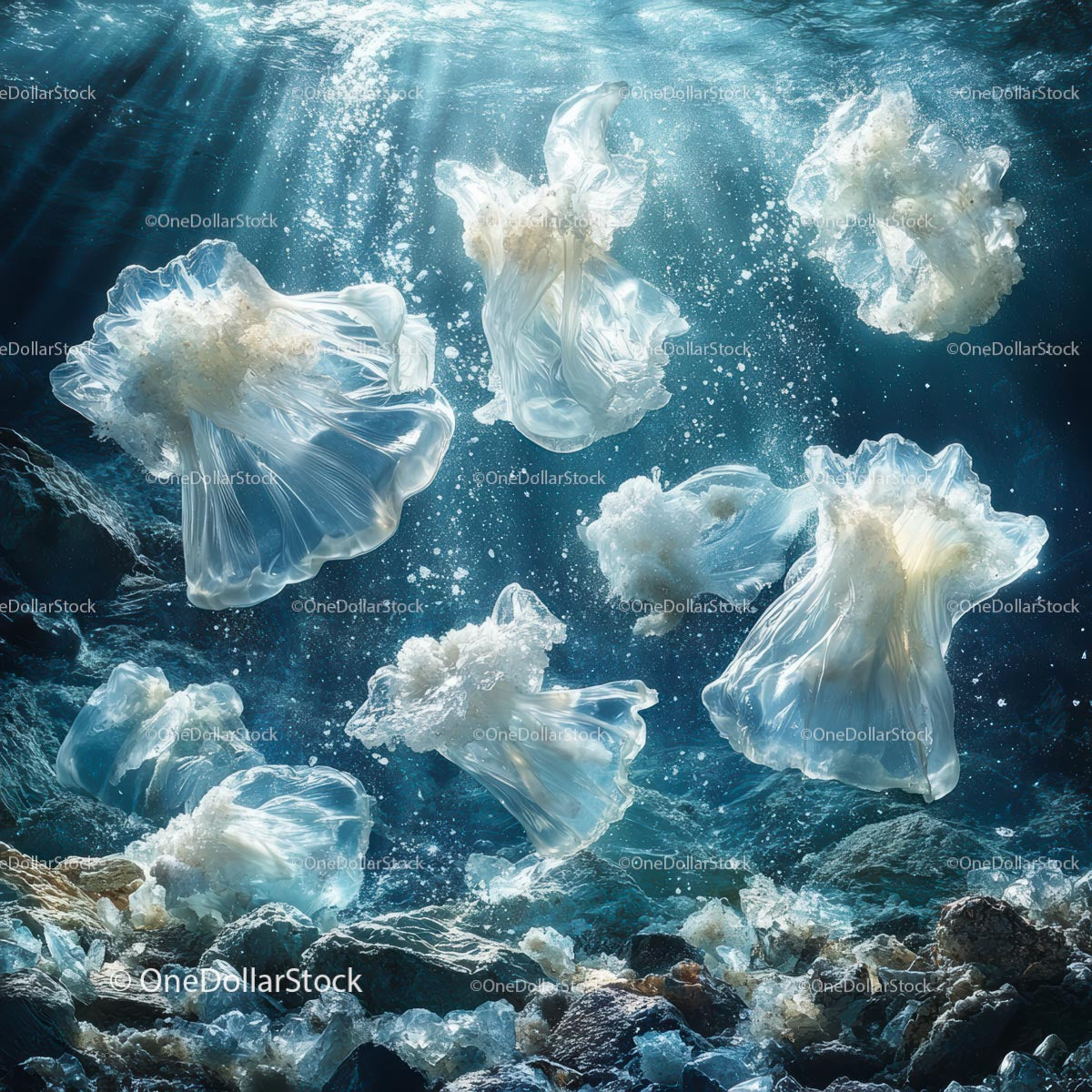 Floating Plastic Bags Resembling Jellyfish in Ocean Waters
