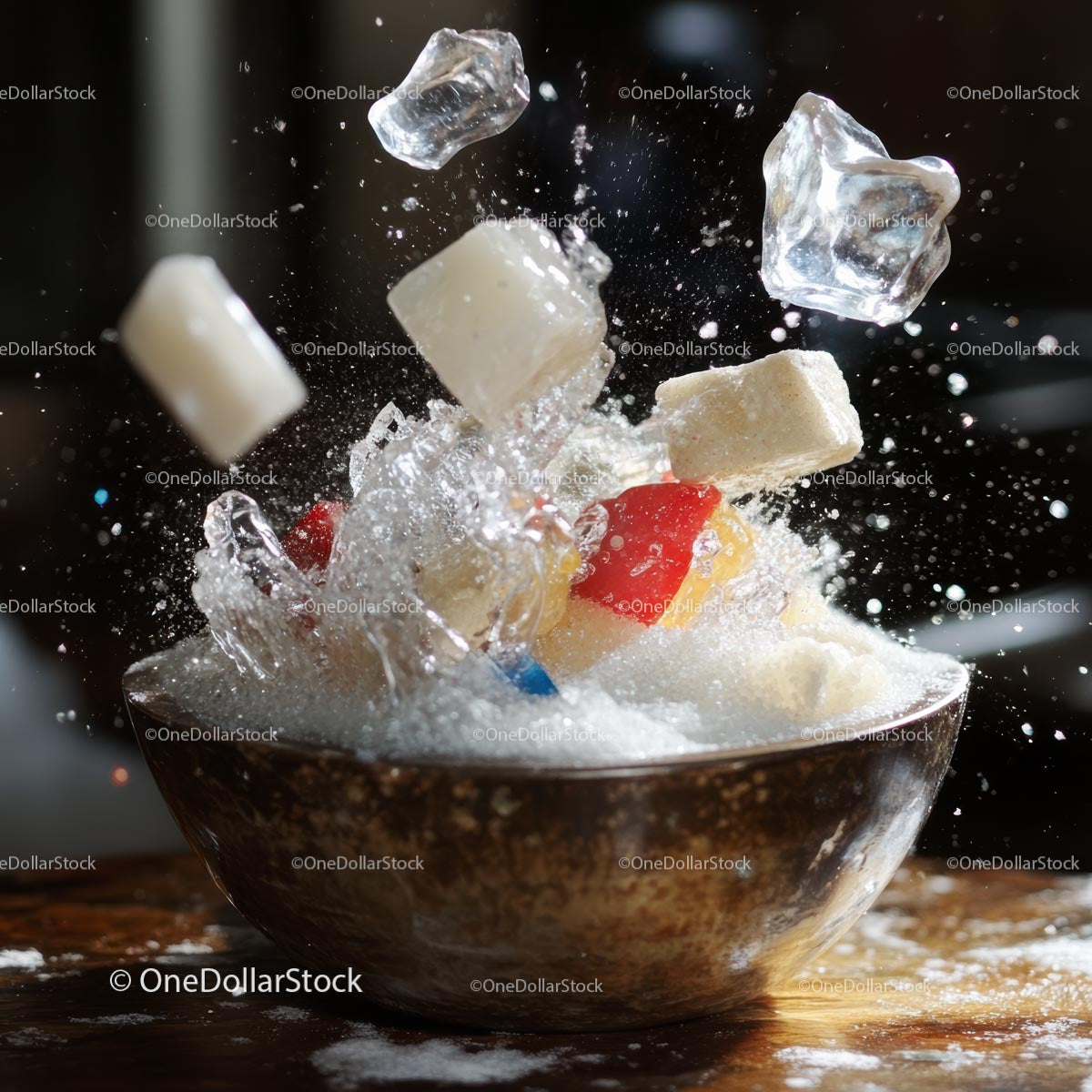 Dynamic Splash with Ice and Sugar Cubes in Motion