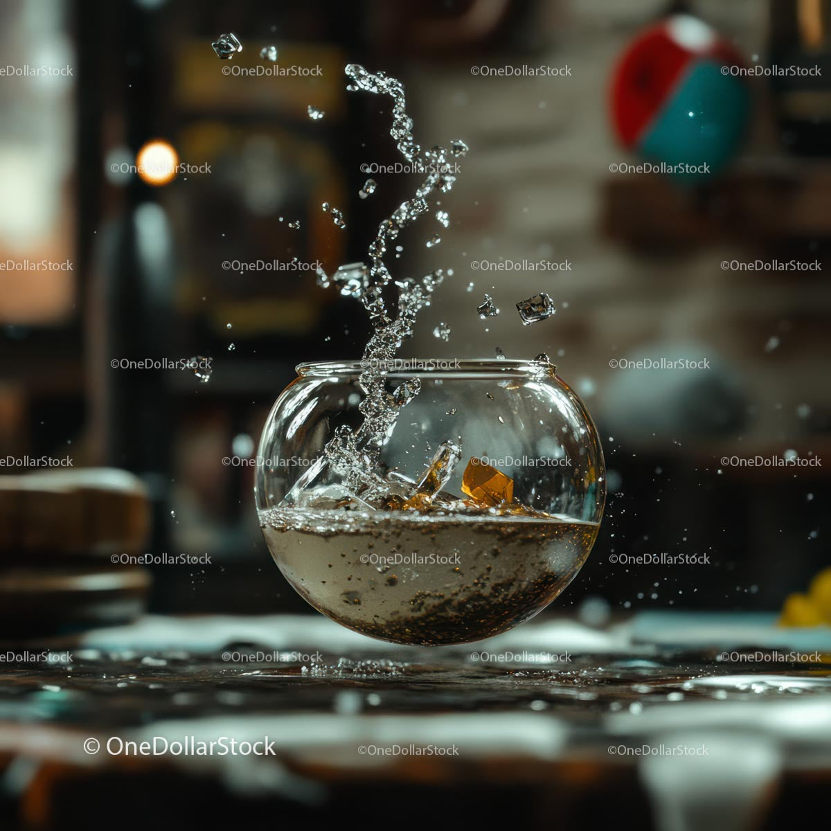 Dynamic Splash in Glass with Ice Cubes on Table