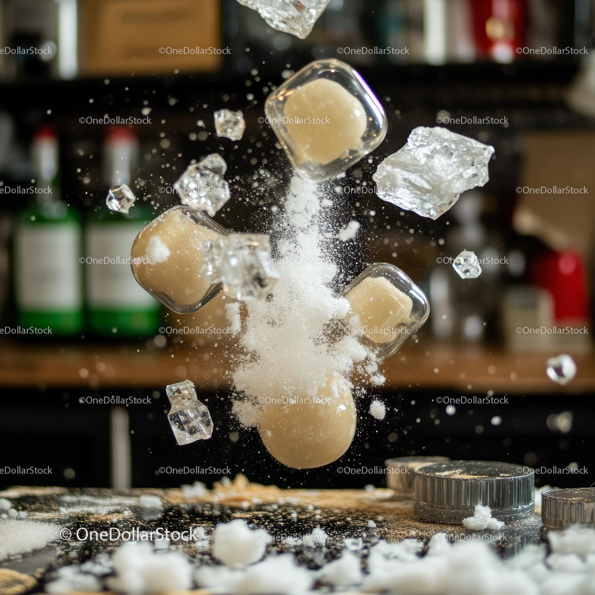 Frozen Explosion of Sugar and Ice Cubes in Motion