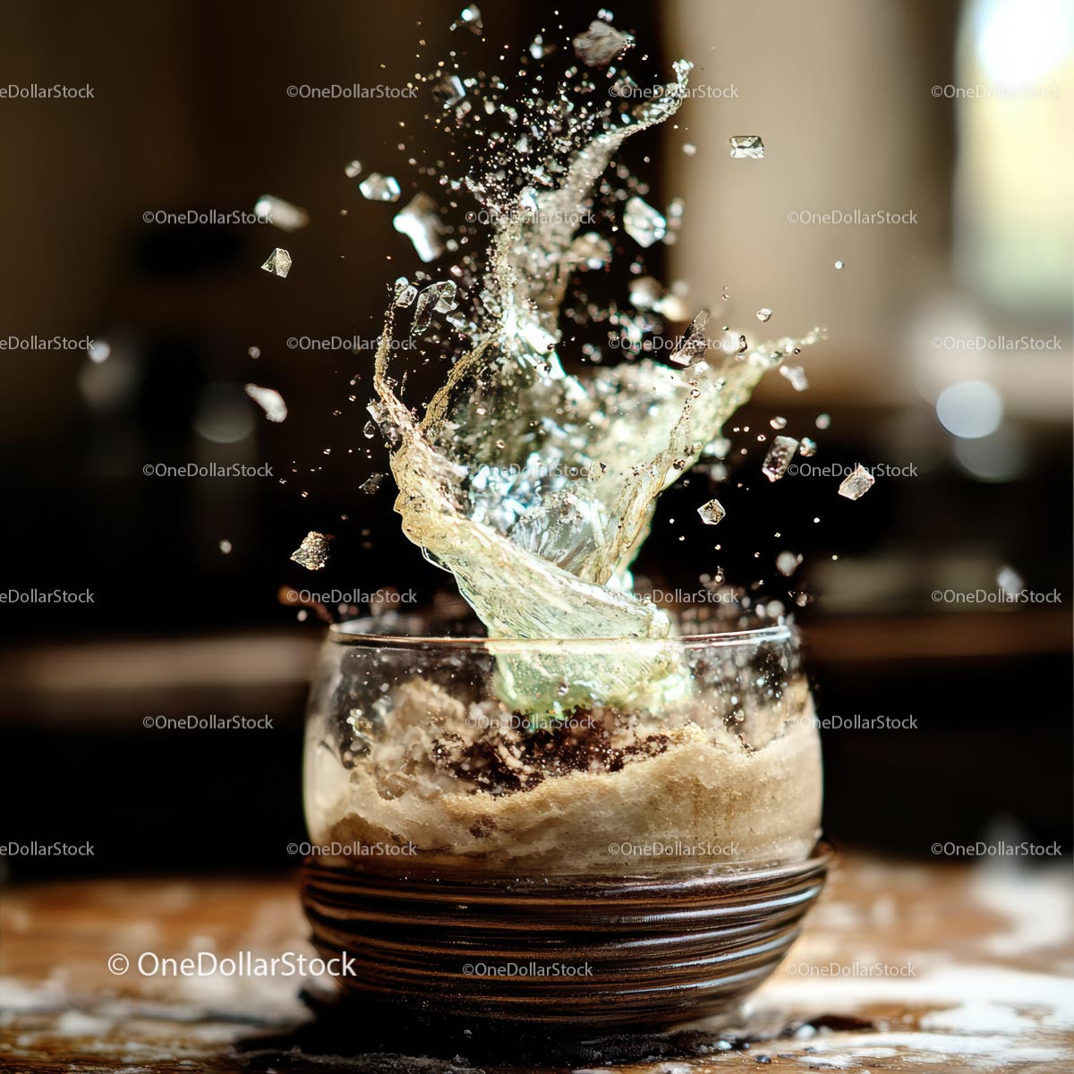 Dynamic Ice Splash in Glass Captured Mid-Air