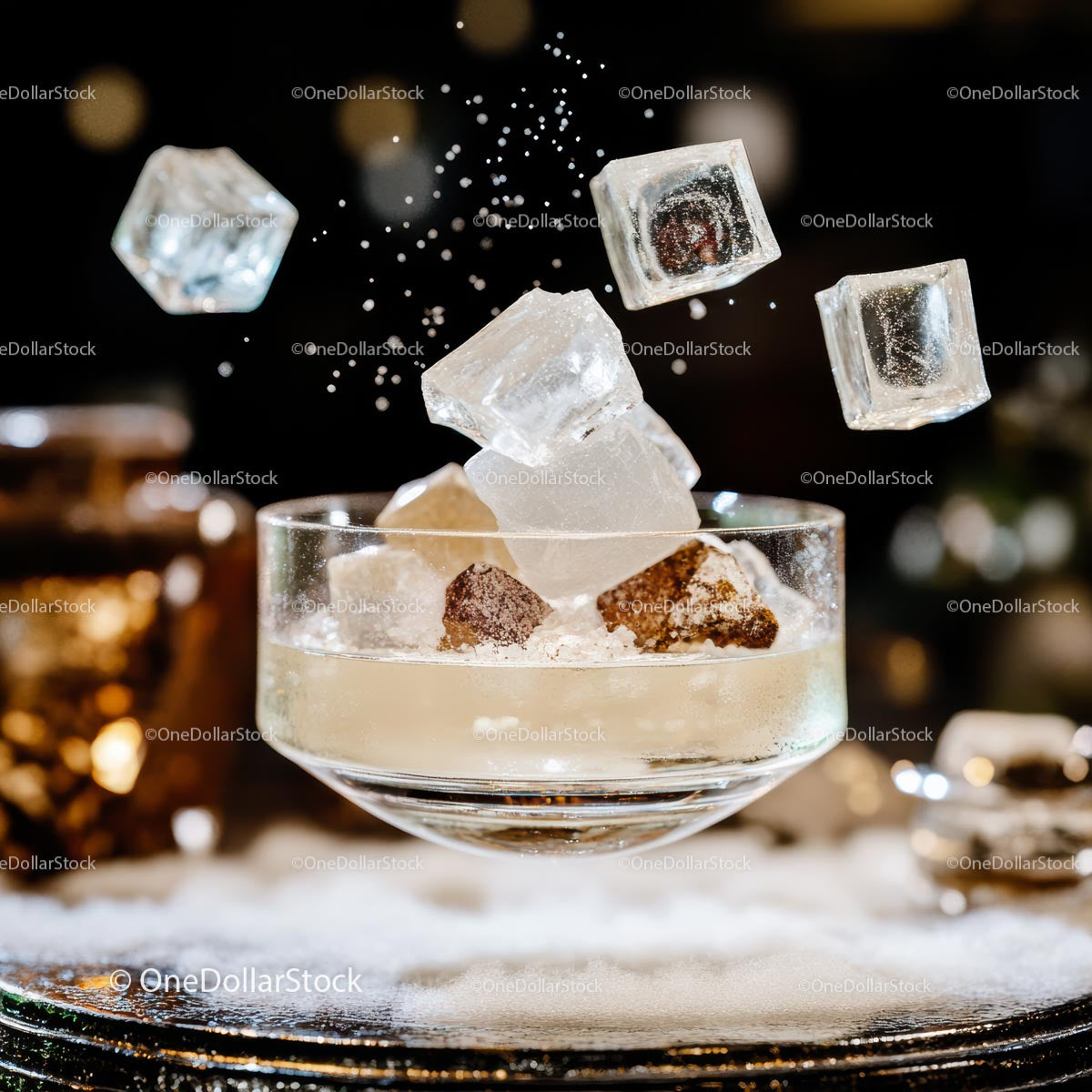 Elegant Cocktail with Floating Ice Cubes in a Glass