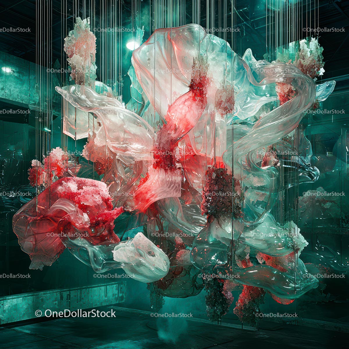 Abstract Flowing Sculpture with Red and Transparent Elements