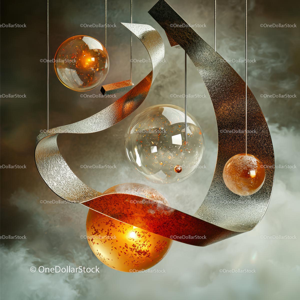 Abstract Geometric Sculpture with Floating Spheres