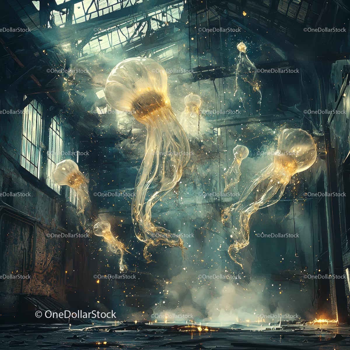 Glowing Jellyfish in Abandoned Warehouse