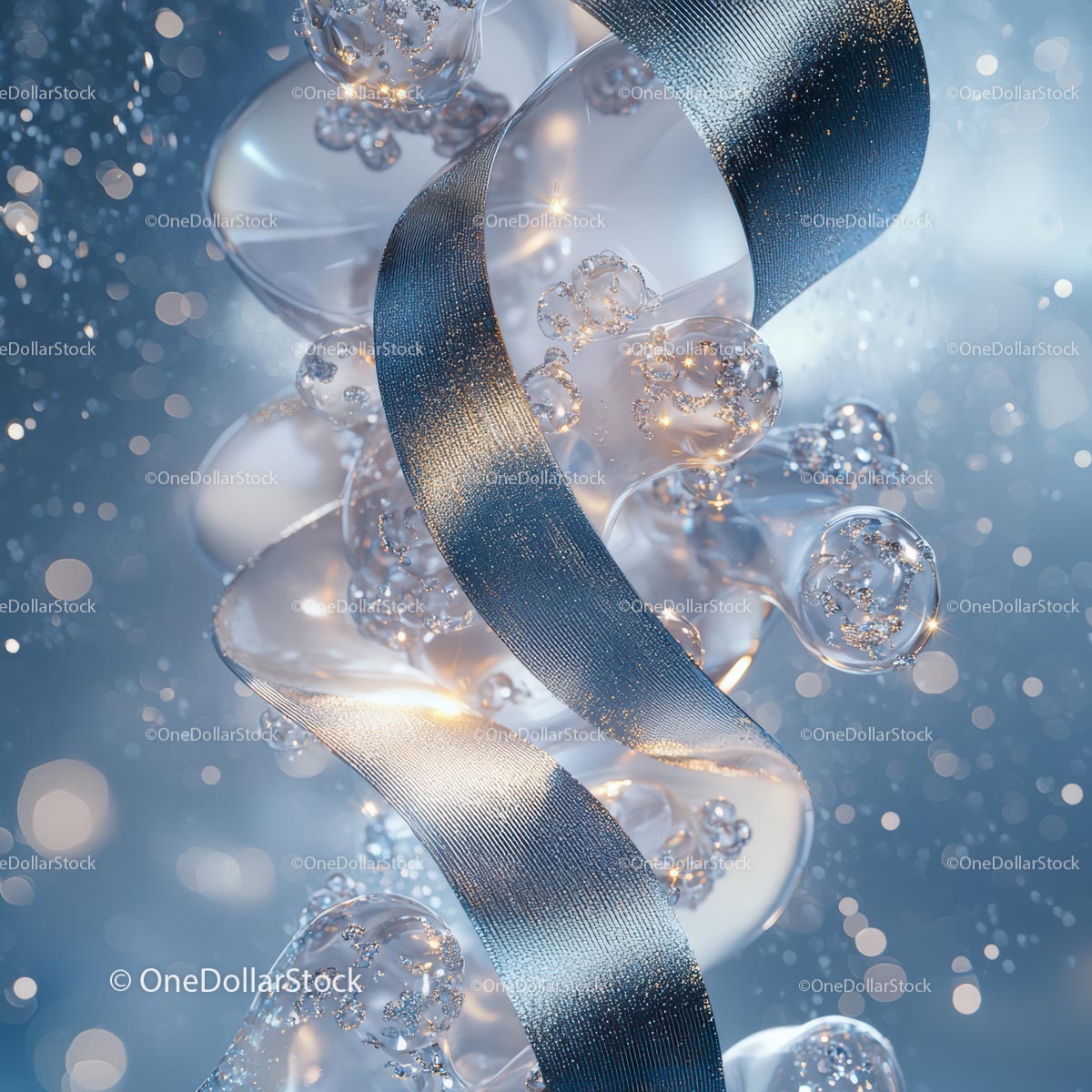 Elegant Blue Ribbon with Sparkling Bubbles and Shimmering Lights