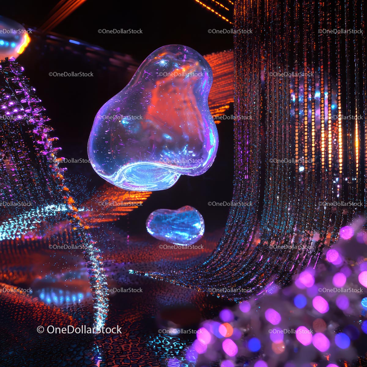 Abstract Iridescent Bubble and Neon Light Art