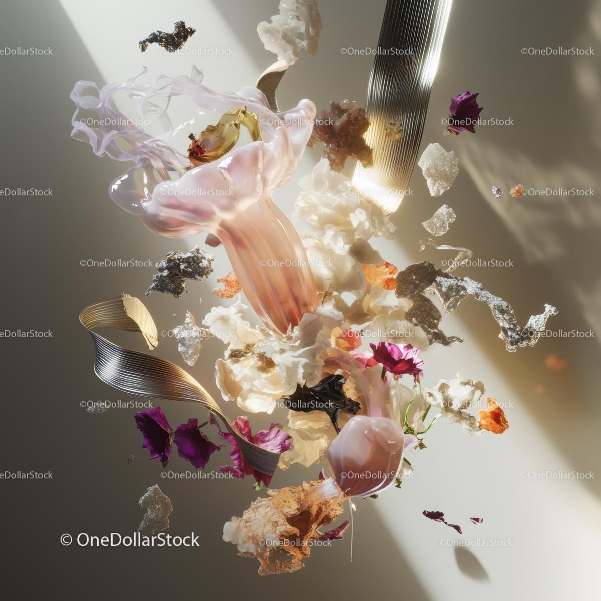 Surreal Floral Composition with Delicate Petals and Textures