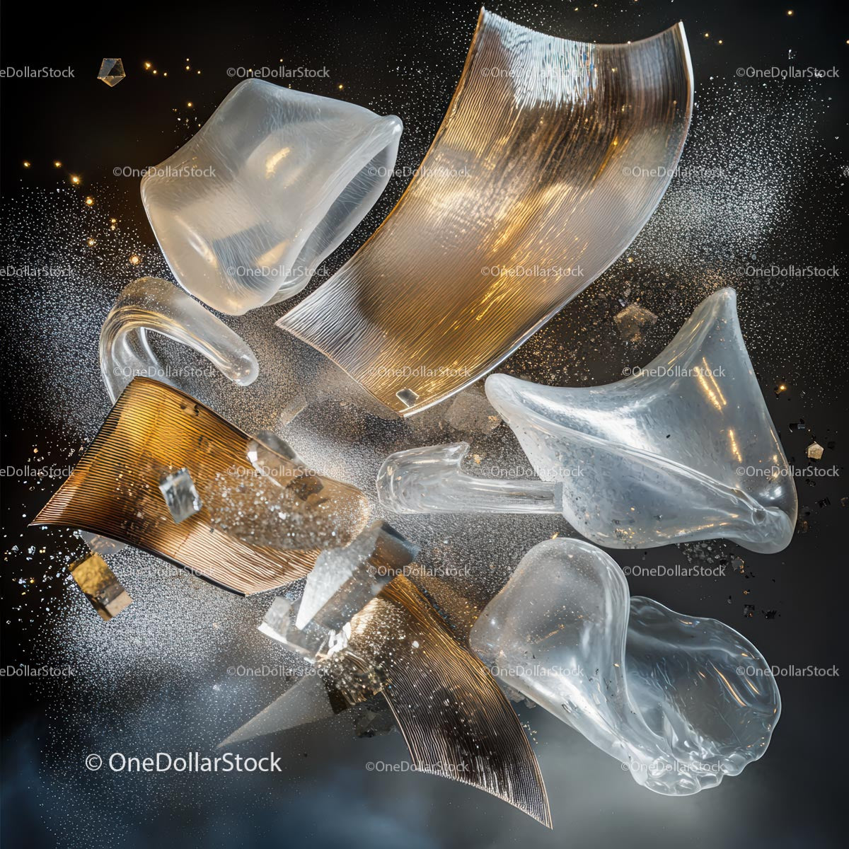 Dynamic Abstract Glass and Gold Sculptural Composition