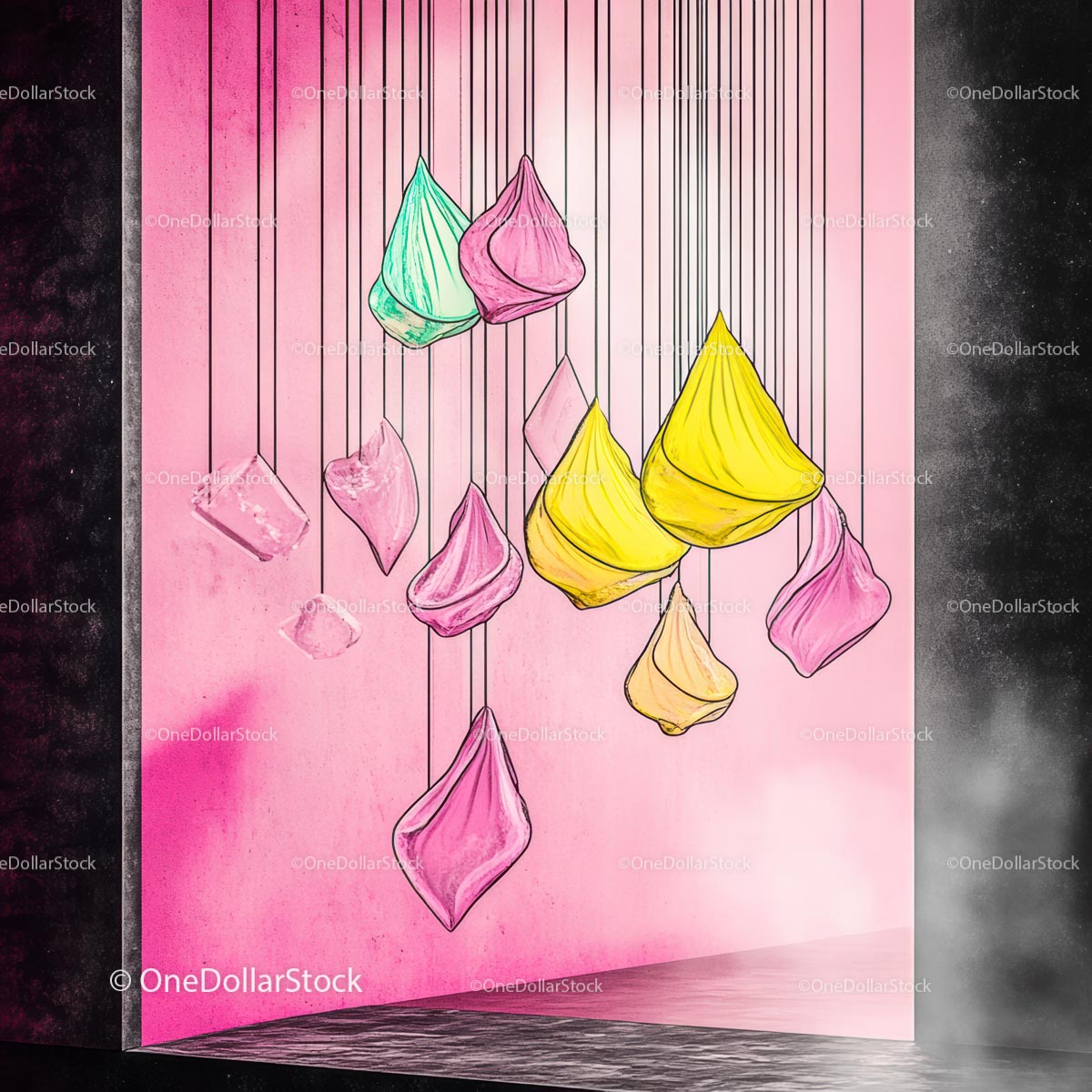 Colorful Geometric Shapes Hanging in Pink Room