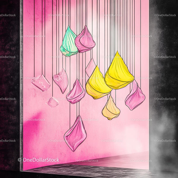 Colorful Geometric Shapes Hanging in Pink Room