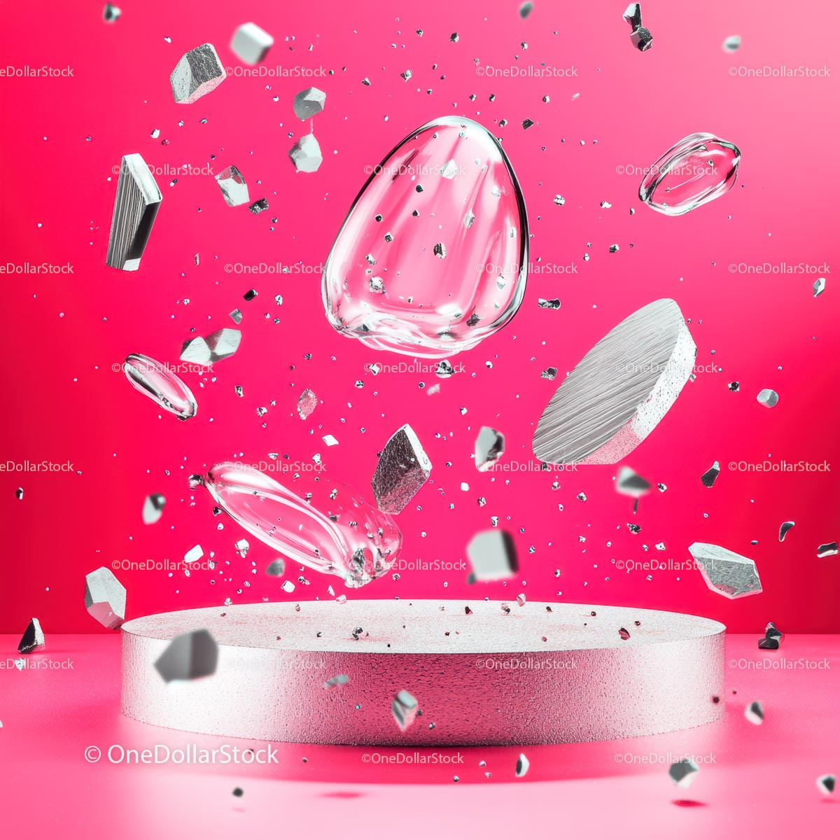 Dynamic Abstract Composition of Floating Silver and Pink Elements