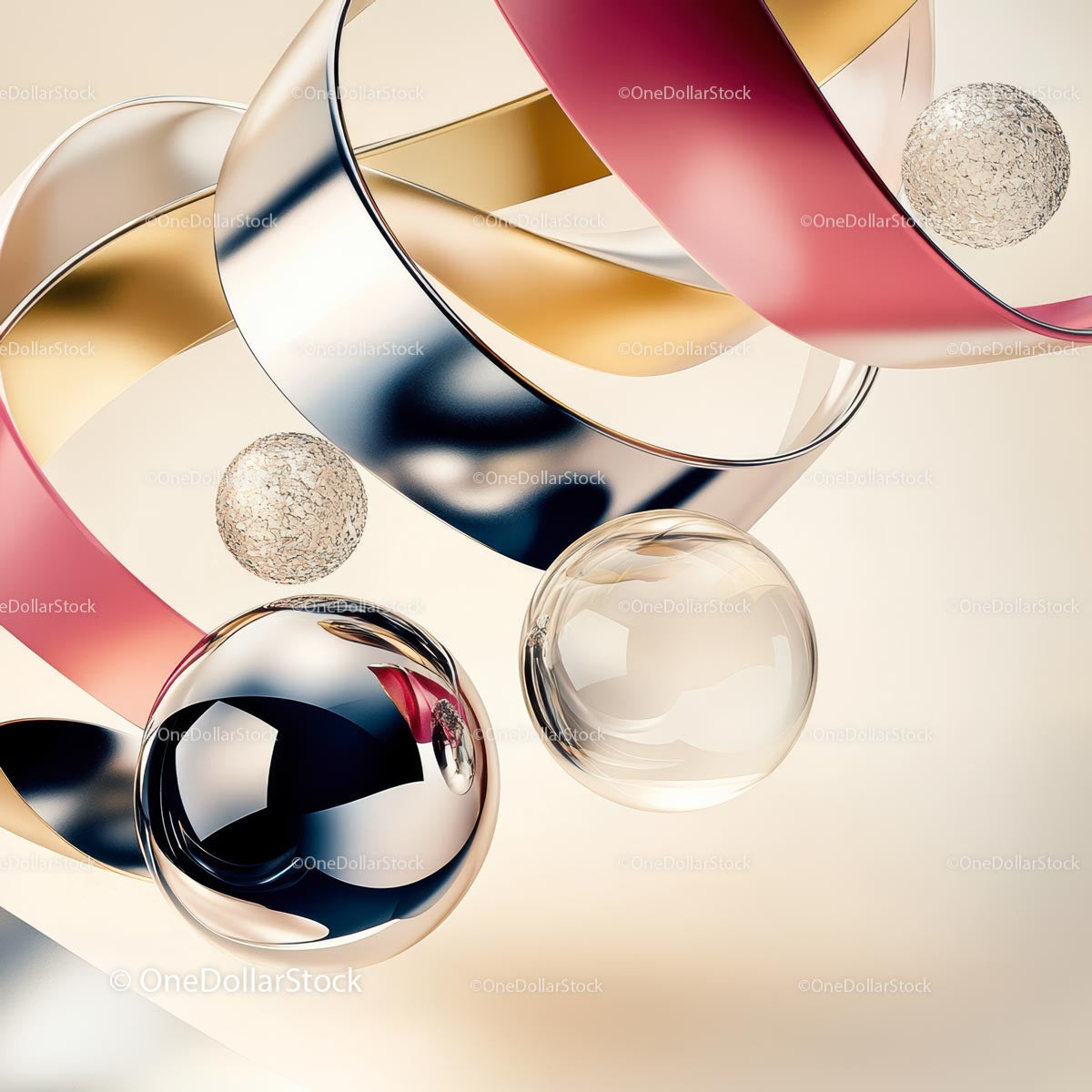 Abstract Art with Metallic Spheres and Curves