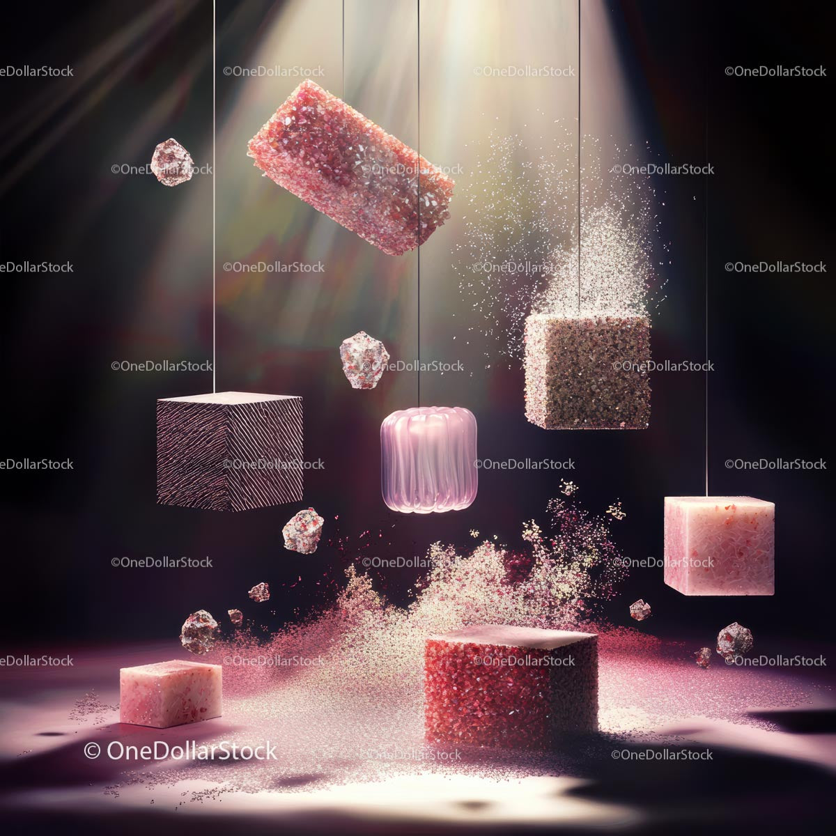 Floating Geometric Shapes in Surreal Pink Hue