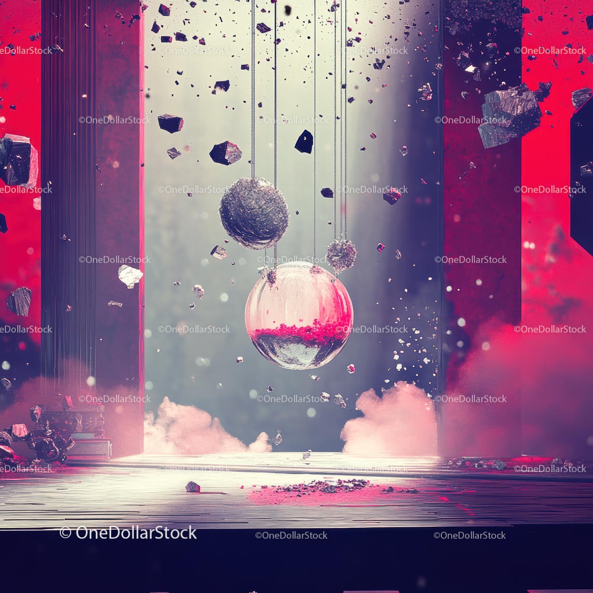 Surreal Floating Spheres with Pink Smoke