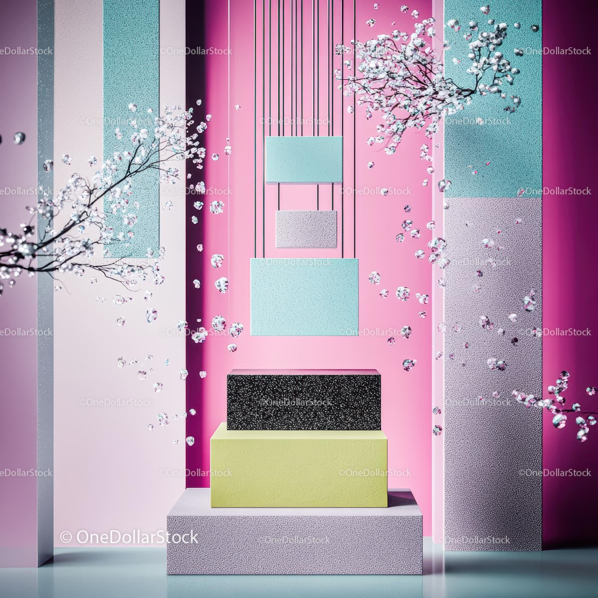 Geometric Abstract Display with Cherry Blossoms