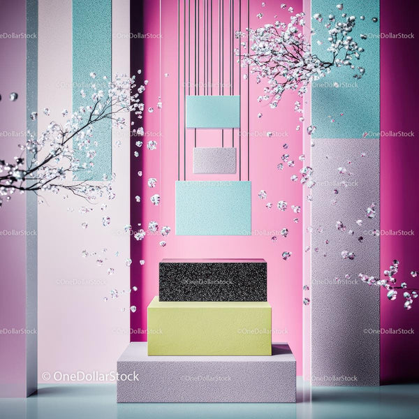 Geometric Abstract Display with Cherry Blossoms