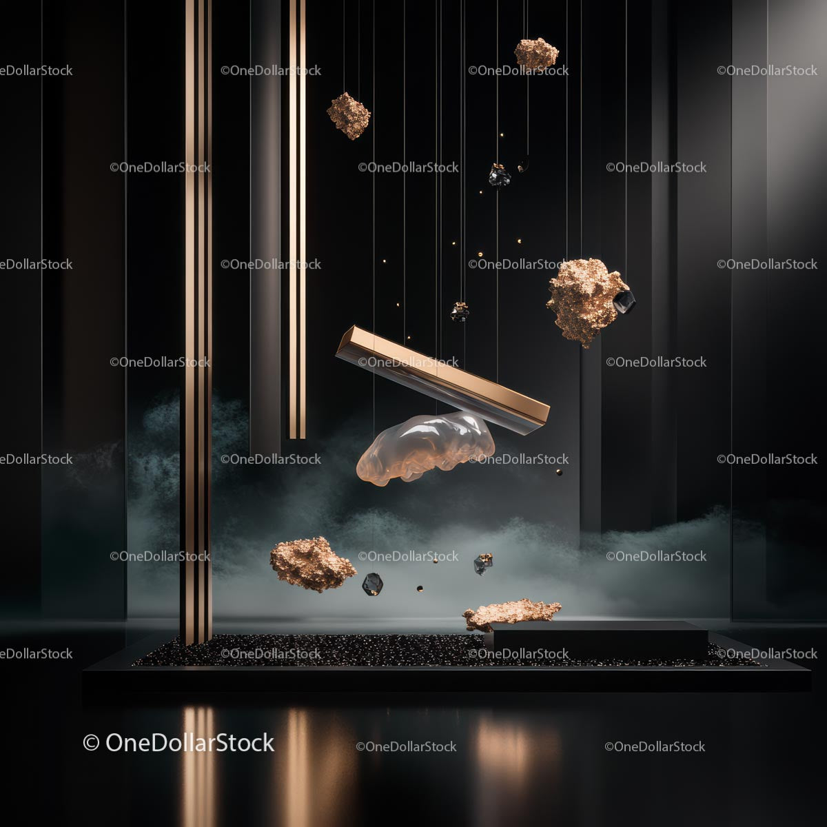Abstract Art Installation with Floating Metallic Elements