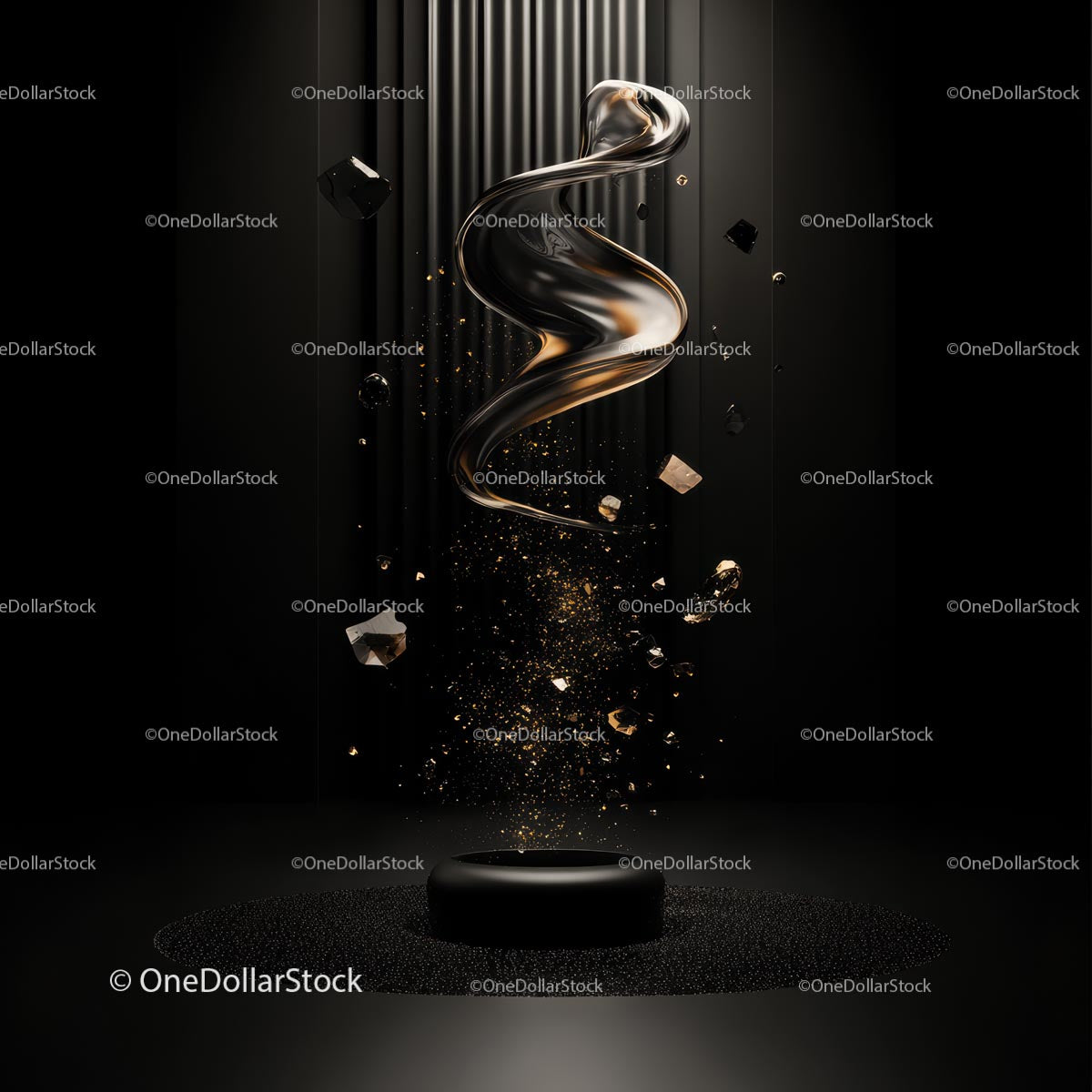 Floating Metallic Spiral with Glittering Particles