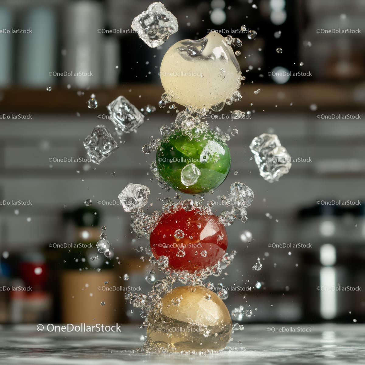 Floating Fruit and Ice Cubes in Refreshing Water Splash