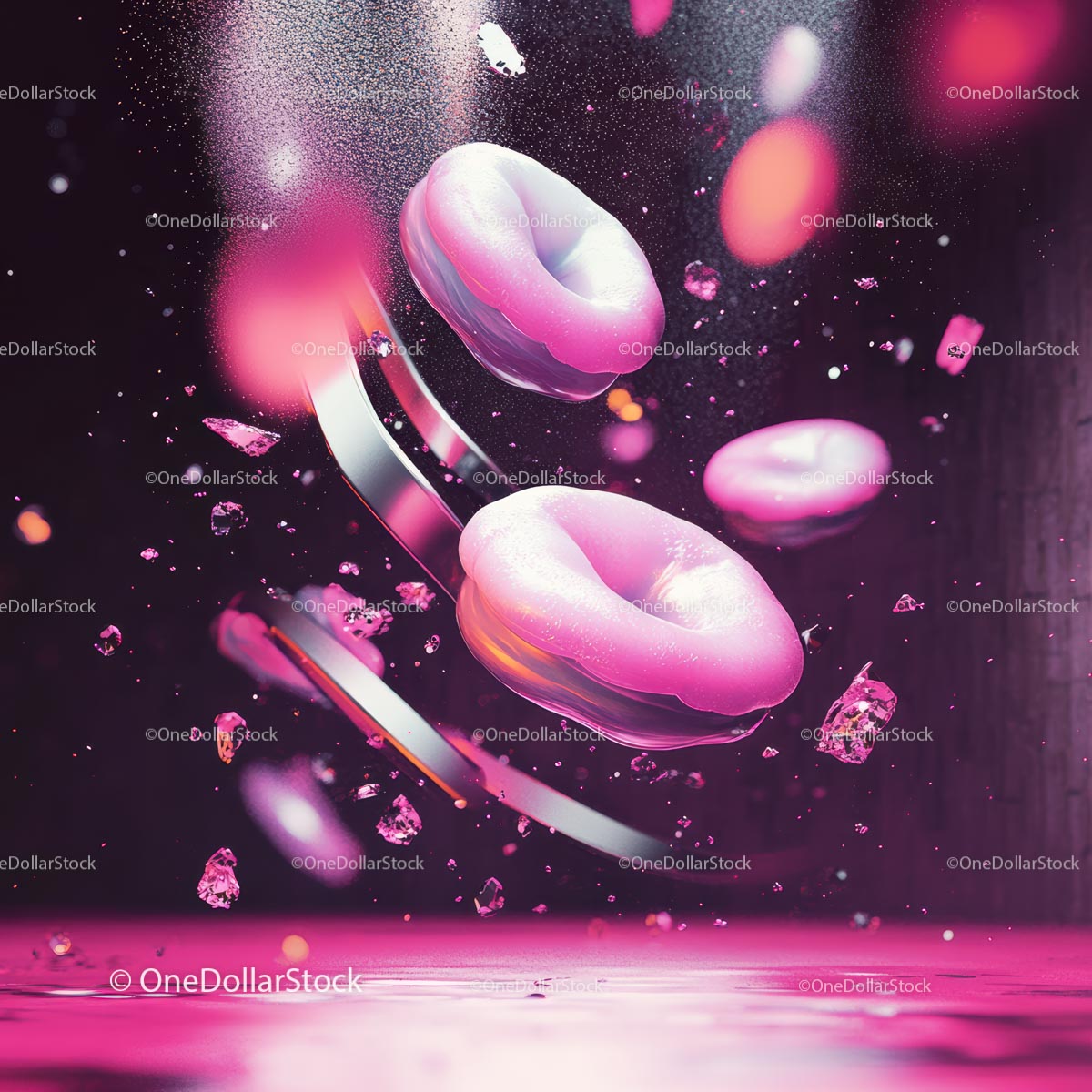 Floating Pink Donuts in Abstract Fantasy Scene