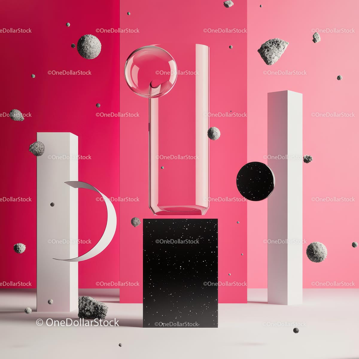 Floating Geometric Shapes on Pink Background