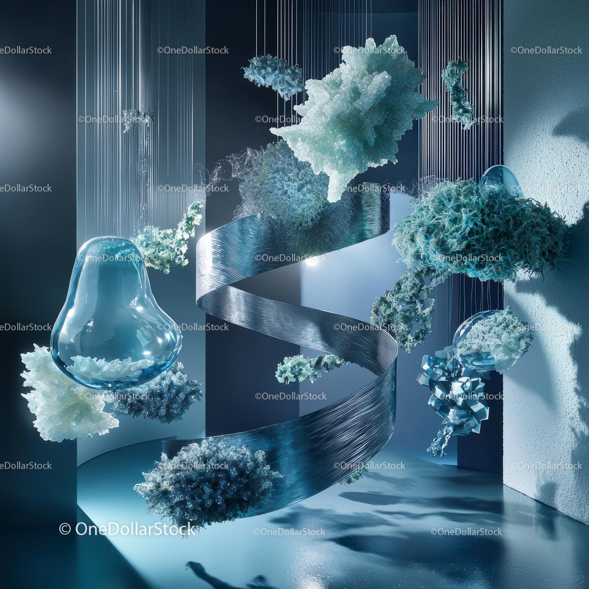 Futuristic Blue Abstract Installation with Suspended Elements