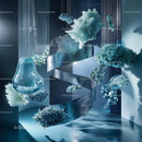 Futuristic Blue Abstract Installation with Suspended Elements