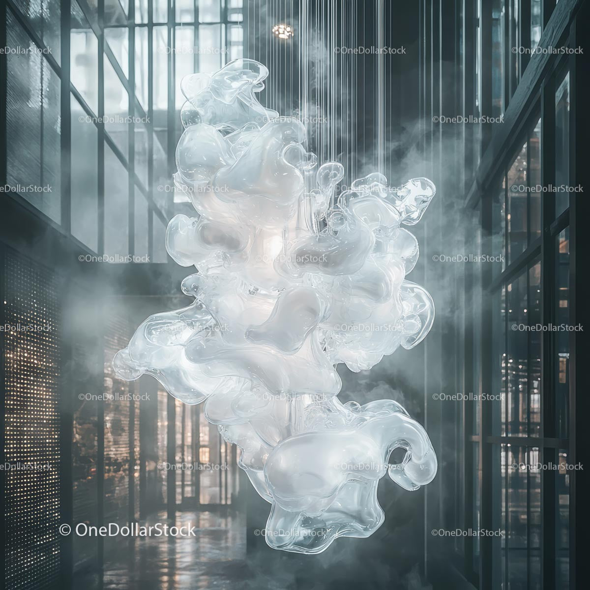 Ethereal Glass Installation in Misty Industrial Setting
