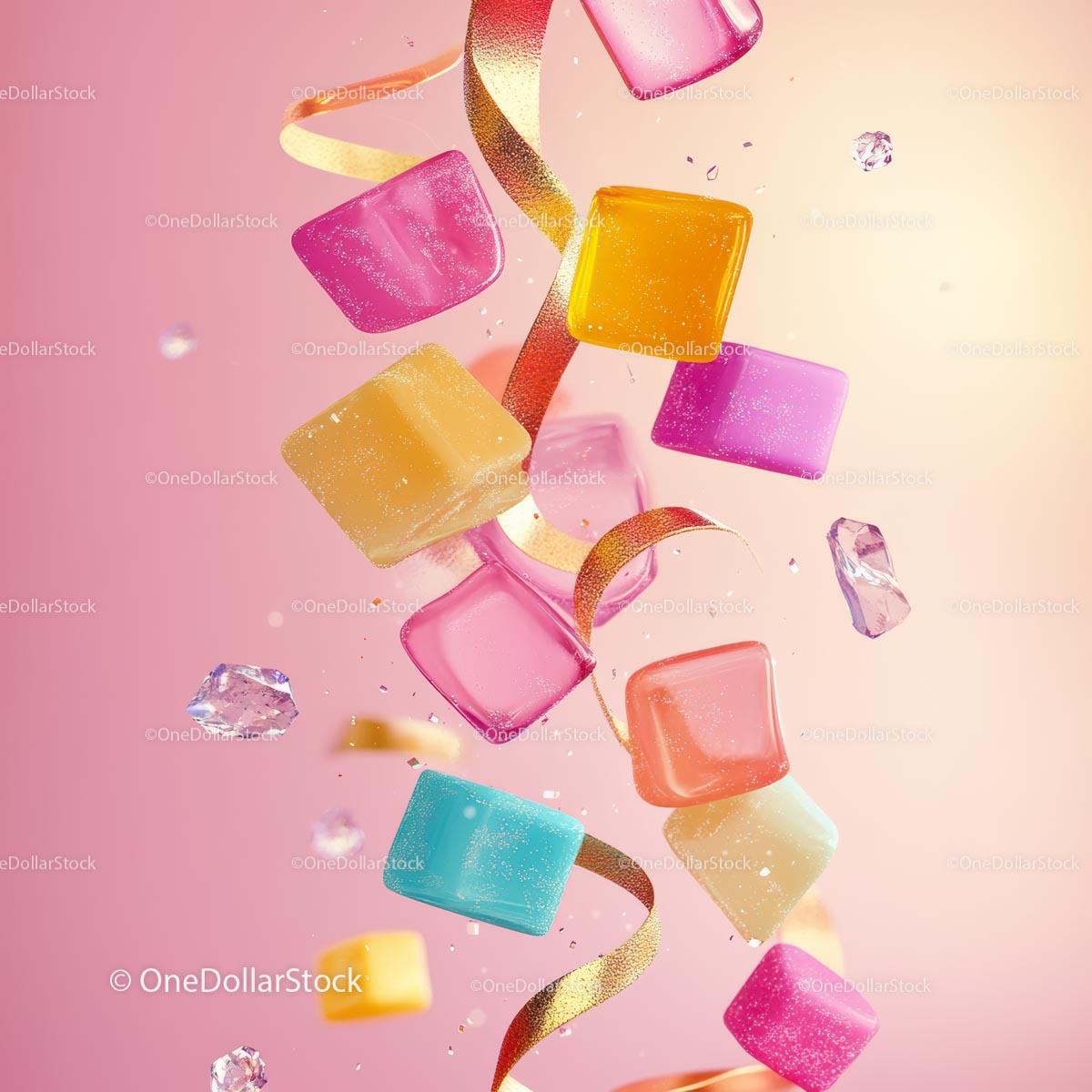 Floating Colorful Candy Cubes with Ribbon