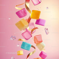 Floating Colorful Candy Cubes with Ribbon