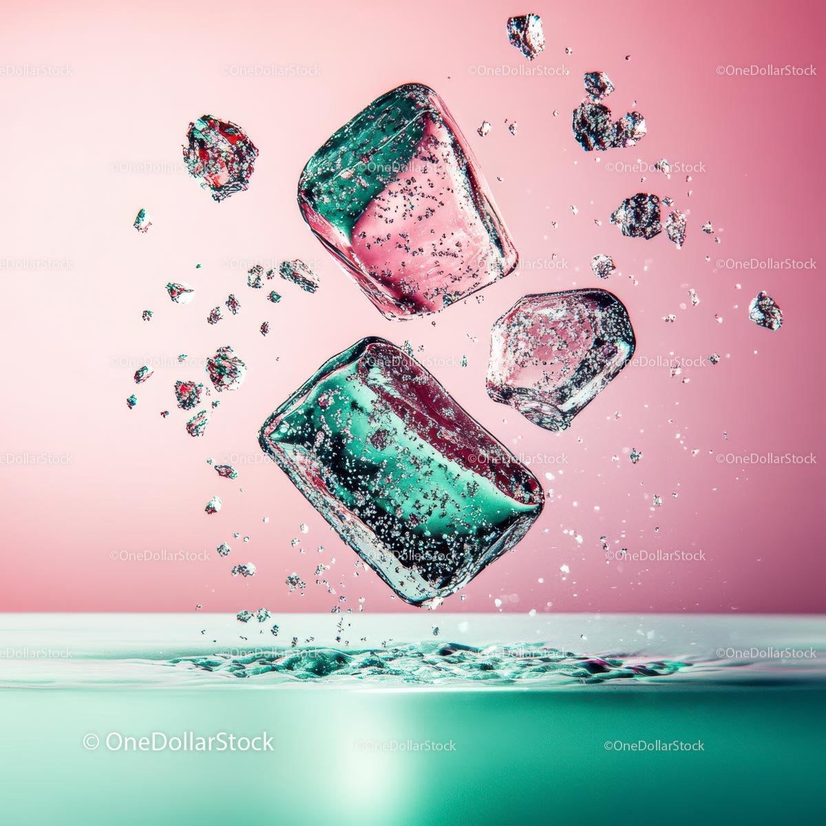 Floating Ice Cubes with Vibrant Pink and Green Colors